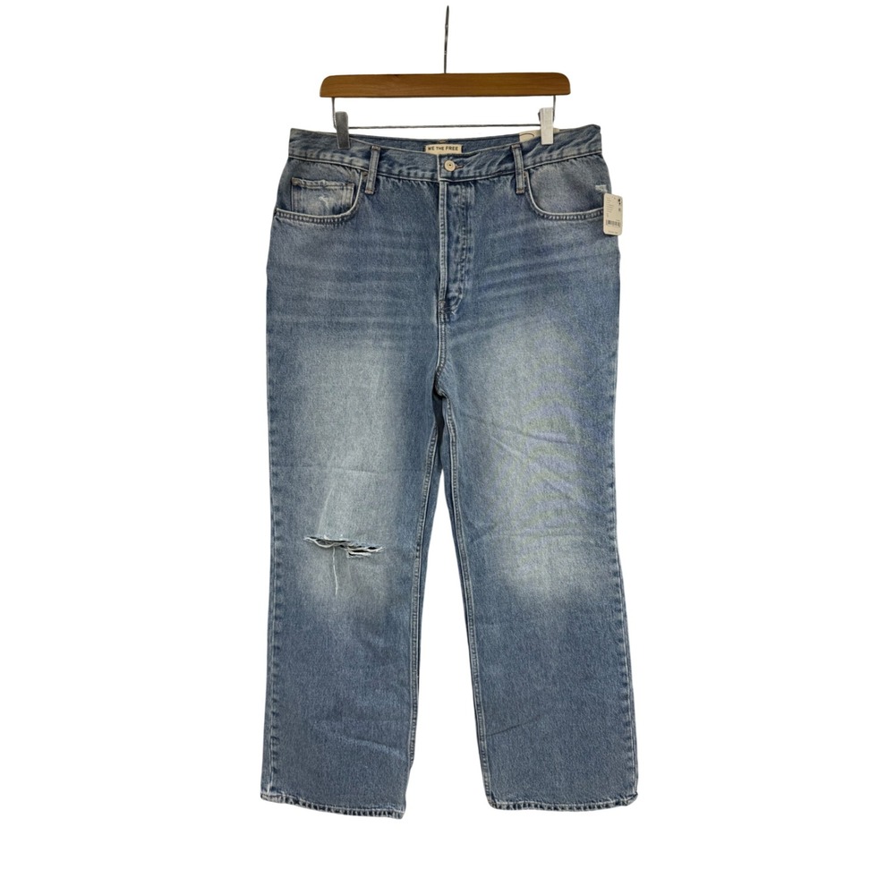 Free People We The Free Holly High Rise Bootcut Jeans Distressed Blue 33 NEW